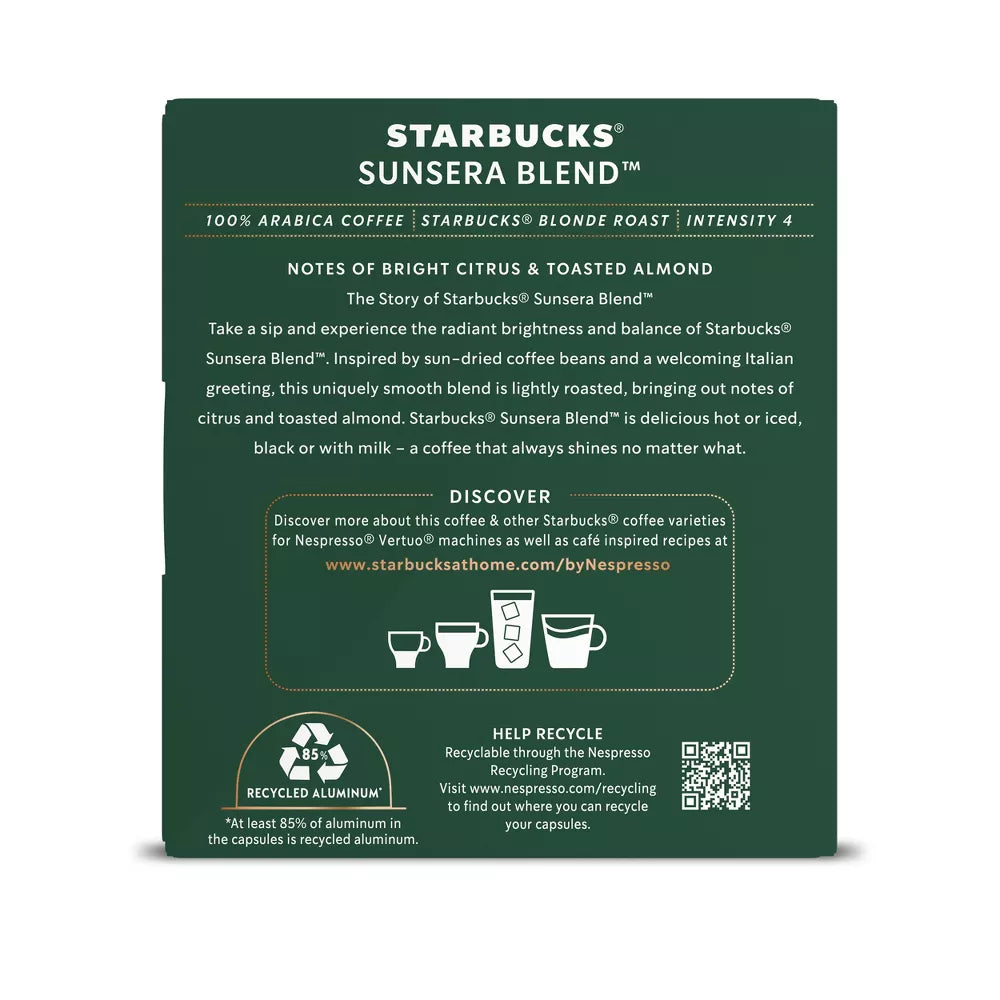 Starbucks Sunsera Blend Blonde Roast Nespresso Vertuo Coffee Capsules — 64 Count (8 Boxes)
