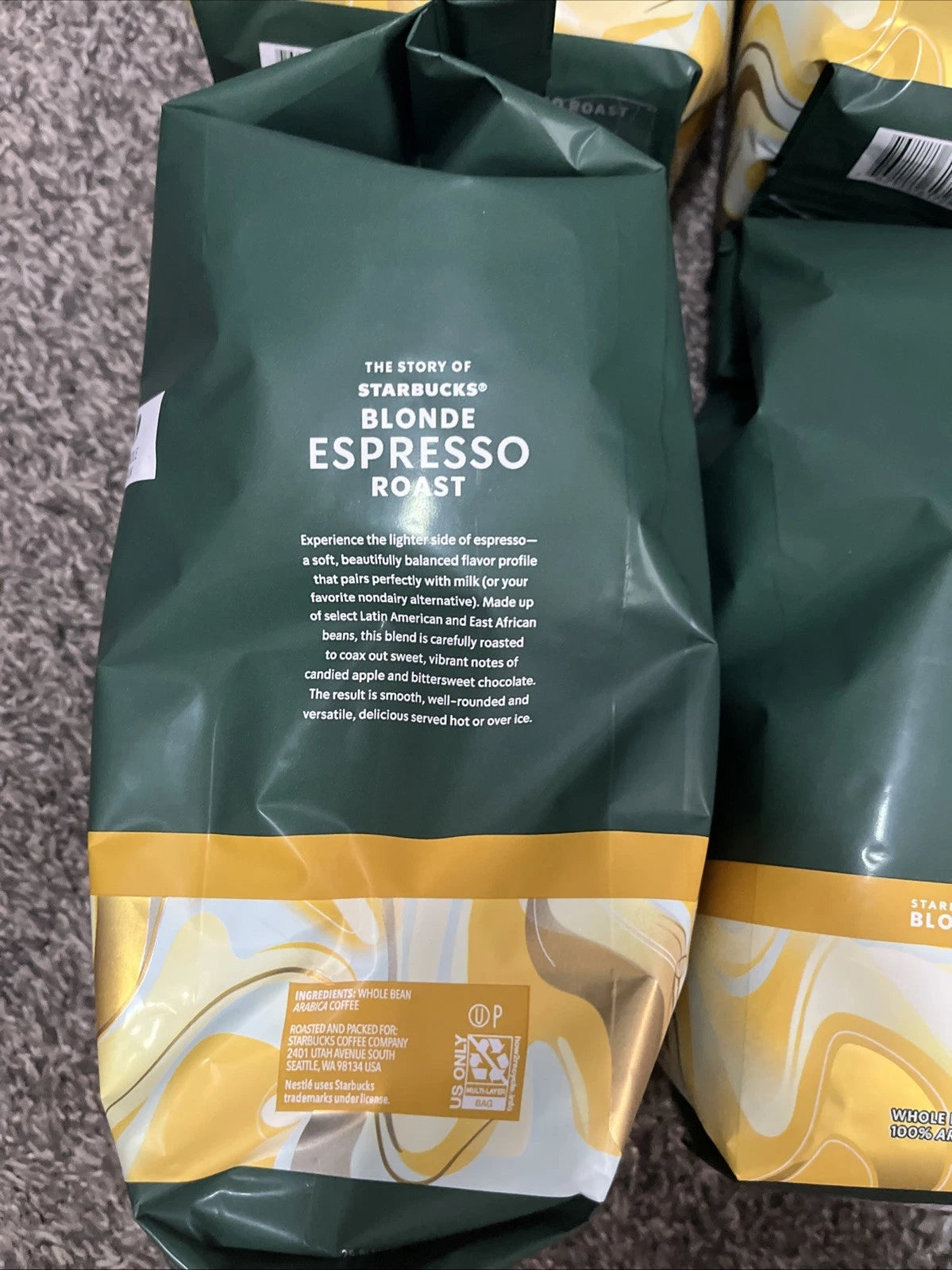 Starbucks Blonde Espresso Roast Whole Bean Coffee — 7 lb (4 × 28 oz Bags)